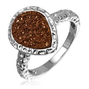 Sterling Silver 925 Rhodium Plated Pear Brown Druzy Gemstone Ring